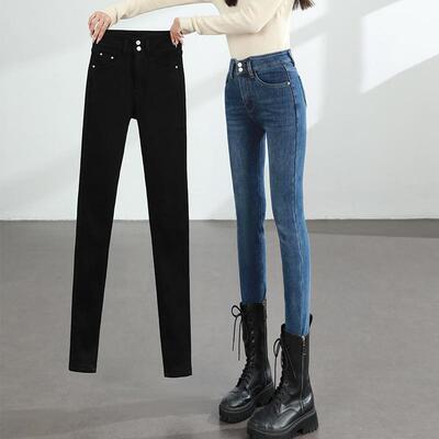 加长牛仔裤女大码弹力高腰加绒裤