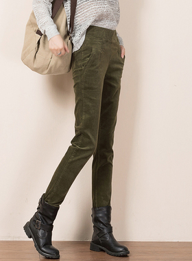 细条绒裤加绒加厚高腰大码长裤子秋冬灯芯绒女裤松紧腰小脚休闲裤