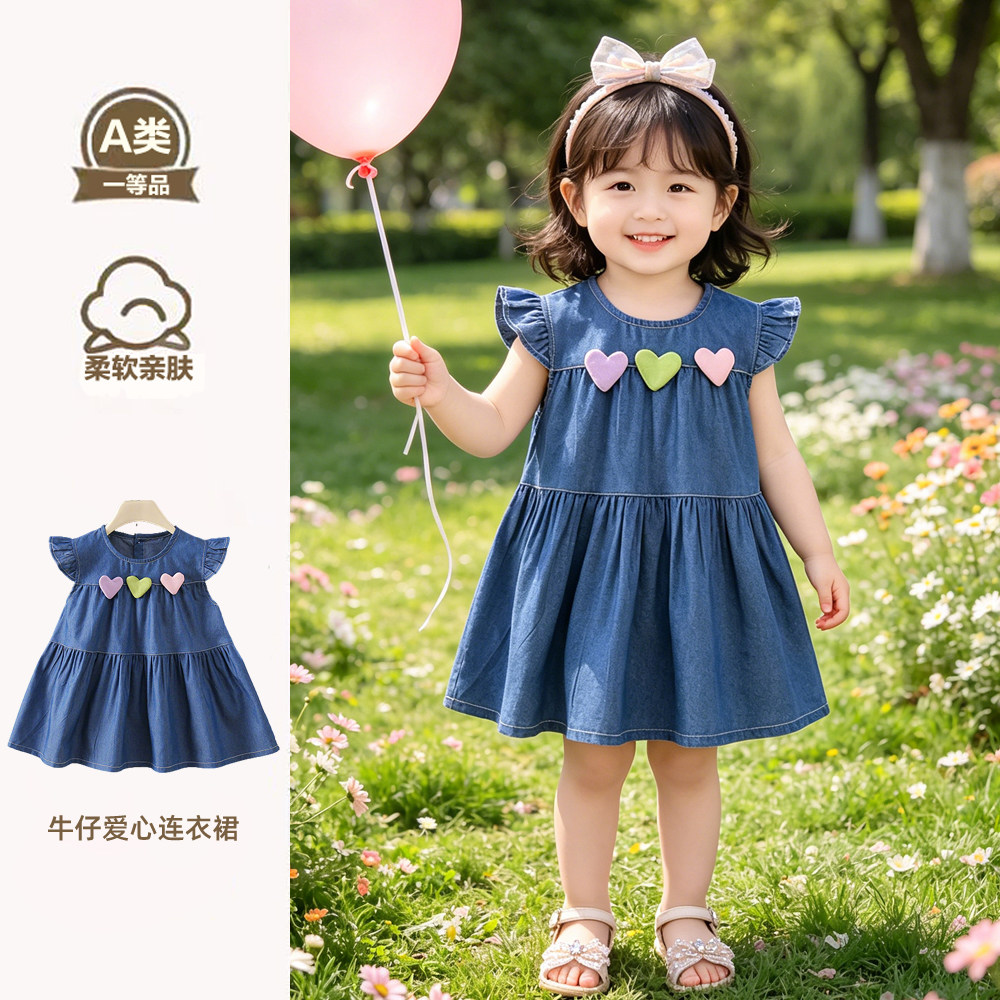 新款女宝宝牛仔连衣裙爱心公主裙蝴蝶结软牛仔可爱外出服韩版儿童