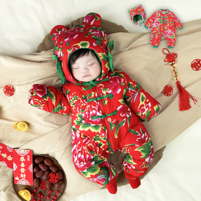 国潮红东北大花男女宝宝棉衣冬季外出服连体哈衣婴儿新款加绒加厚