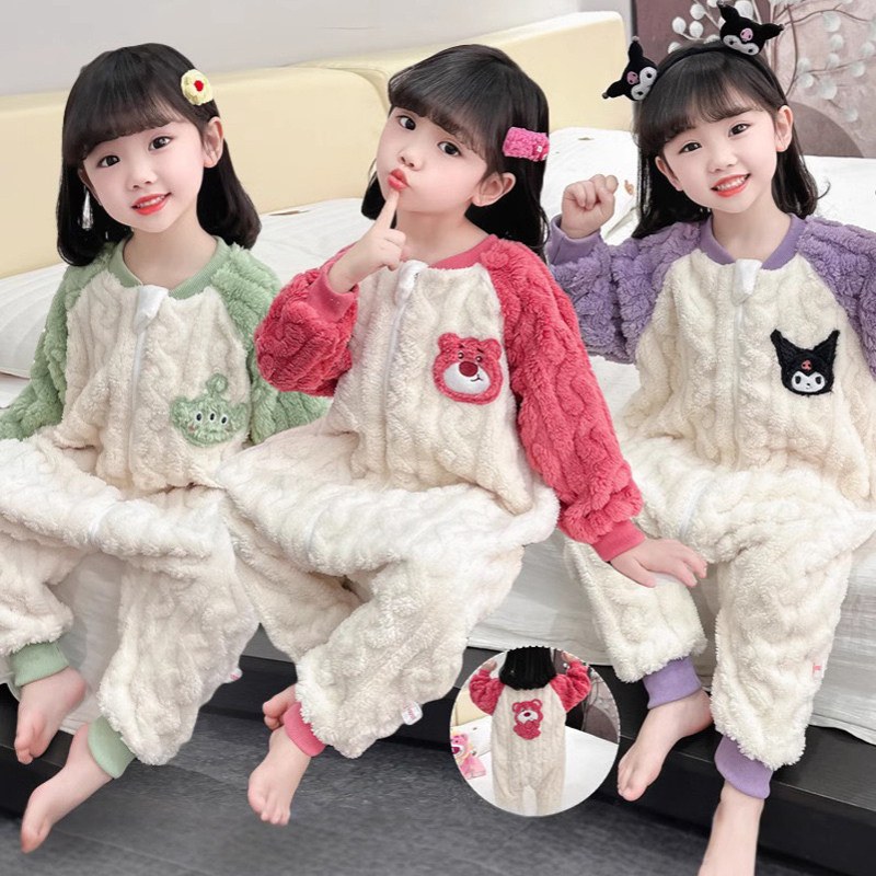 儿童睡衣睡袋加绒冬季男女宝宝珊瑚绒中小童加厚连体保暖家居服装