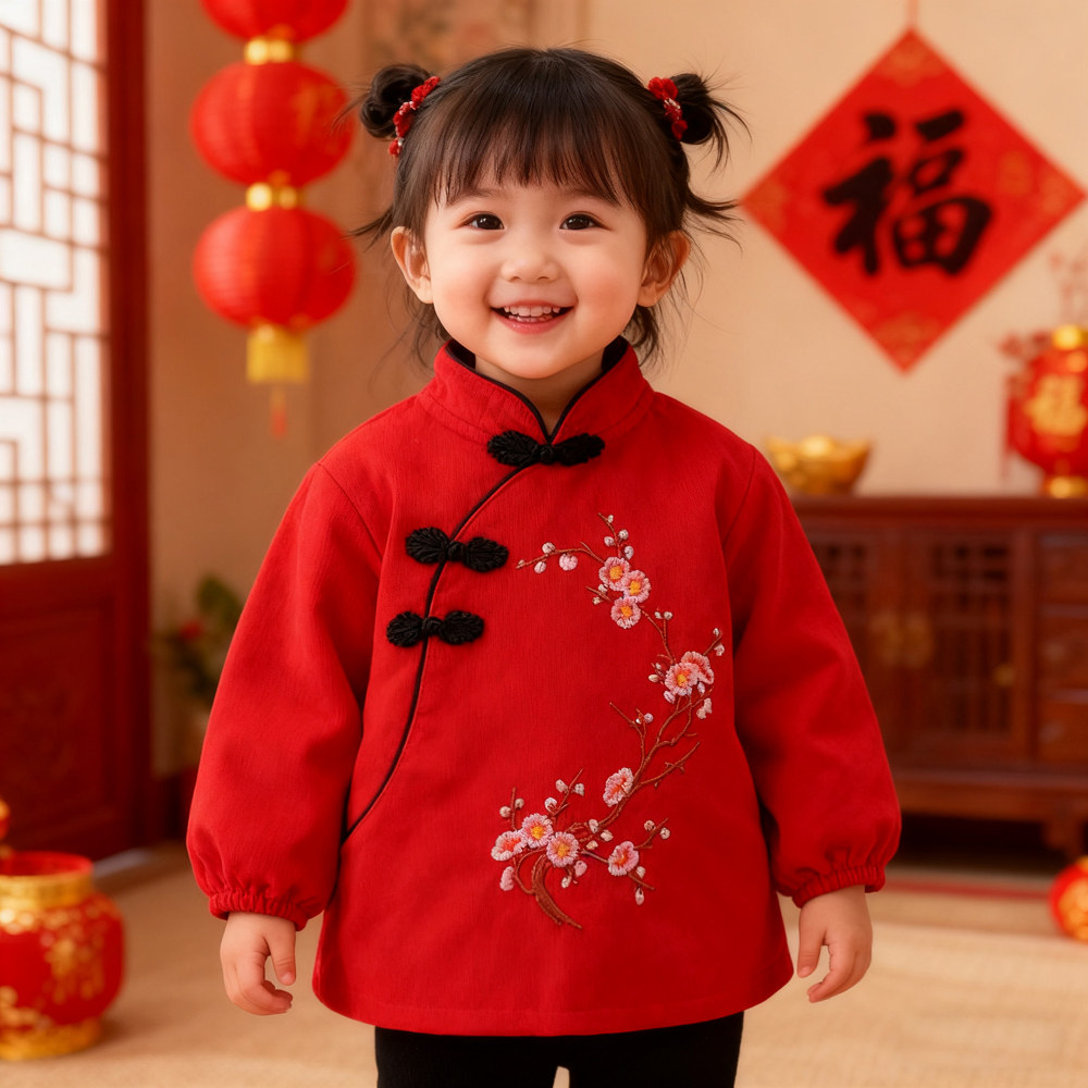 秋冬儿童罩衣唐装长袖宝宝女童拜年服梅花纯棉灯芯绒防水大红刺绣
