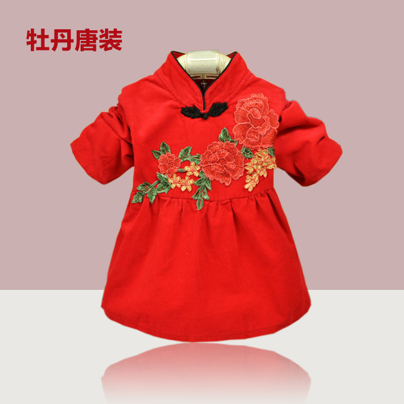 中国风防水女童儿童反穿衣吃饭衣春秋冬女宝宝唐装灯芯绒罩衣红色