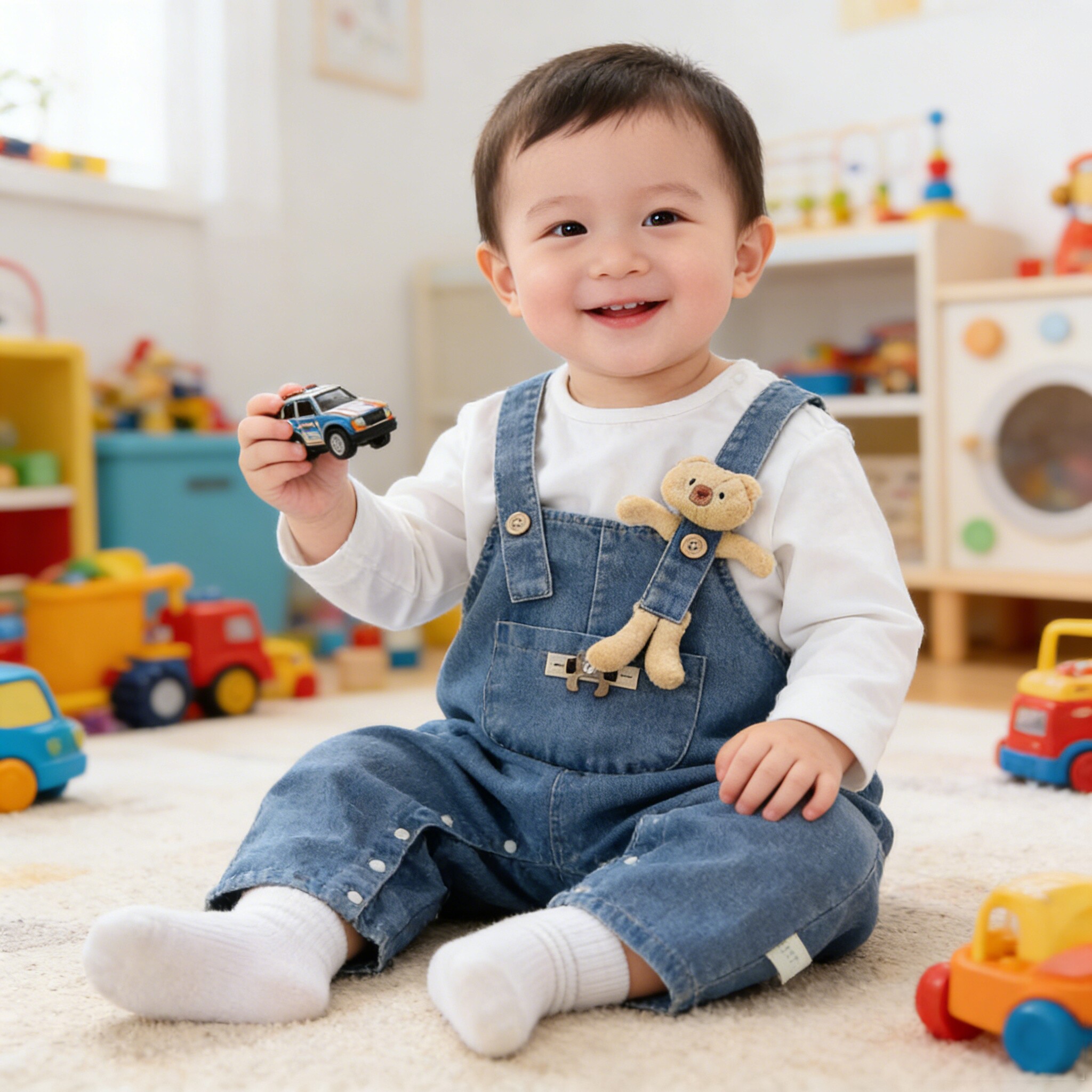 婴儿背带裤套装男女宝宝牛仔外穿裤春秋韩版卡通连体裤打底两件套