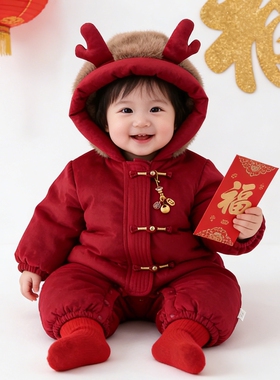 婴幼儿新款拜年服鹿角喜庆男宝女宝外出服红色哈衣带帽可爱连体