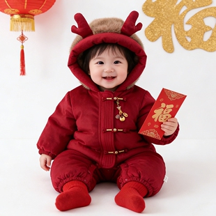 婴幼儿新款拜年服鹿角喜庆男宝女宝外出服红色哈衣带帽可爱连体