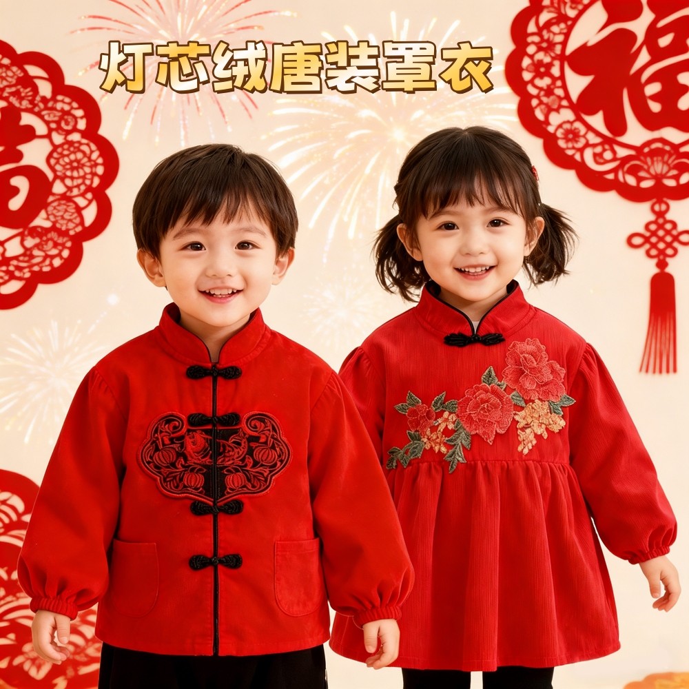中国风唐装儿童罩衣过年喜庆宝宝秋冬反穿衣防水红色防脏婴儿拜年