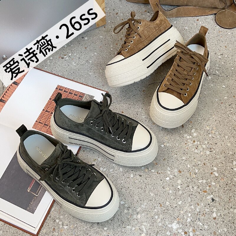 爱诗薇女鞋2026秋季新款欧货厚底休闲板鞋百搭圆头系带松糕休闲鞋