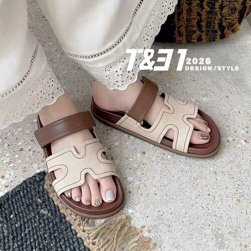 T31女鞋2026新款夏季魔术贴H拖鞋女外窗平底防滑真皮二舅拖百搭