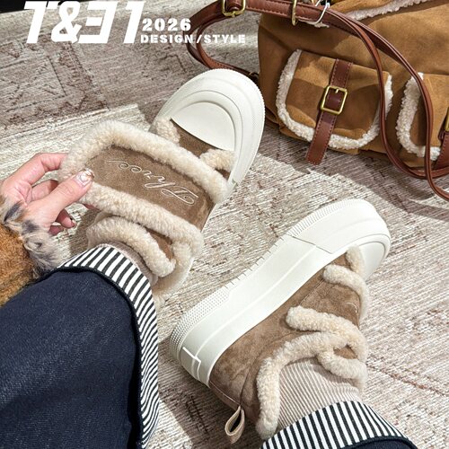 T31女鞋2026冬季新款时尚毛毛魔术贴厚底休闲鞋加绒保暖百搭板鞋
