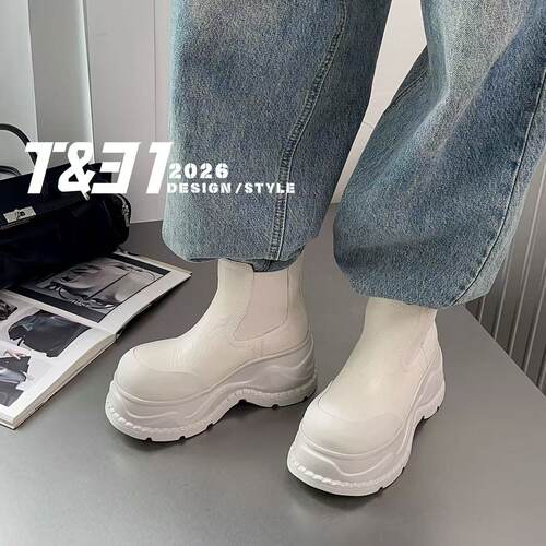 T31女鞋2026秋季韩版厚底切尔西靴女真皮圆头中筒增高显瘦时装靴