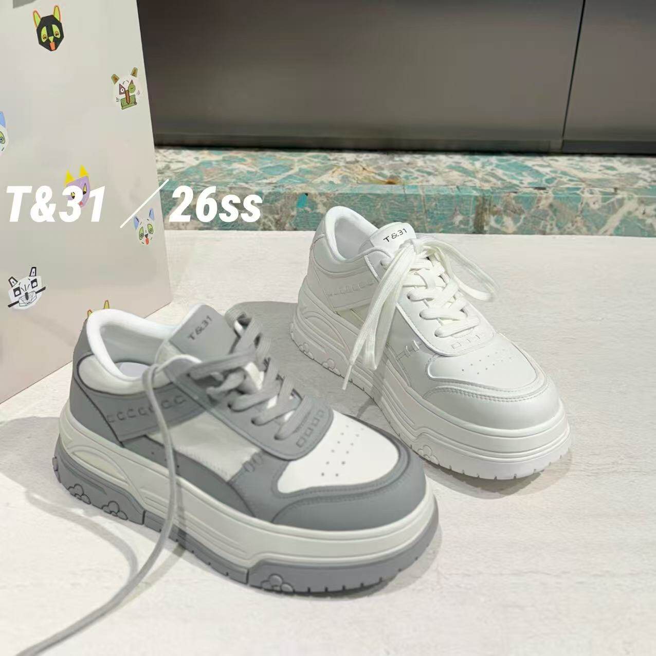 T31女鞋2026四季真皮厚底休闲板鞋百搭运动增高6公分撞色小白鞋女