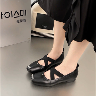 爱诗薇女鞋2026春夏新款交叉绑带平底浅口单鞋舒适柔软一脚蹬女鞋