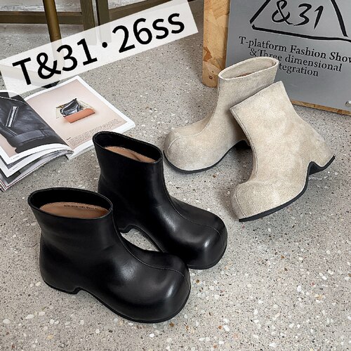 T31女鞋2026秋冬新款欧货丑萌大头短靴厚底小个子复古百搭裤管靴