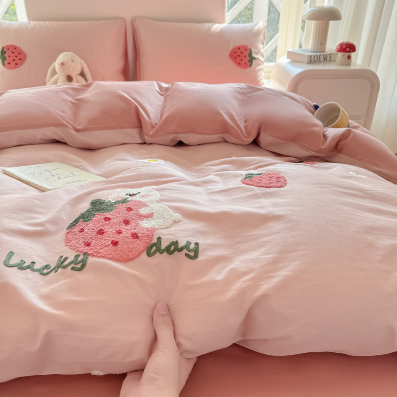 ins粉色草莓全棉床单四件套纯棉少女可爱卡通儿童被罩宿舍三件套4