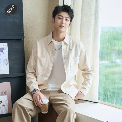 九六致日系双口袋纯棉长袖衬衫男
