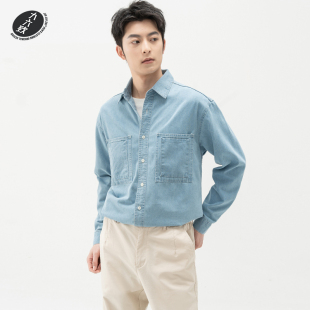 衬衫 宽松浅蓝色牛仔长袖 男耐磨双口袋衬衣 新款 九六致原创设计秋季