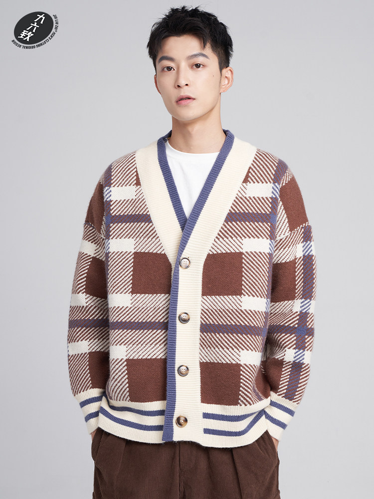 JIULIUZHI 원래 가을 느슨한 두꺼운 복고풍 격자 무늬 남성 스웨터 카디건 유행 캐주얼 긴팔 스웨터