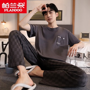 帕兰朵男士纯棉睡衣2024夏季薄款短袖长裤休闲加肥大码家居服套装