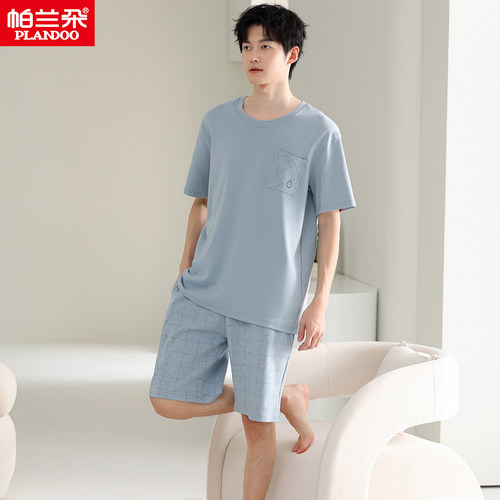 100%全棉睡衣男款夏季100%纯棉薄款短袖短裤家居服套装宽松青少年