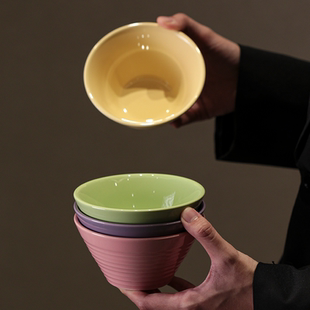 高颜值酸奶甜品碗斗笠碗 陶瓷碗家用2026新款 4.5寸螺纹米饭碗