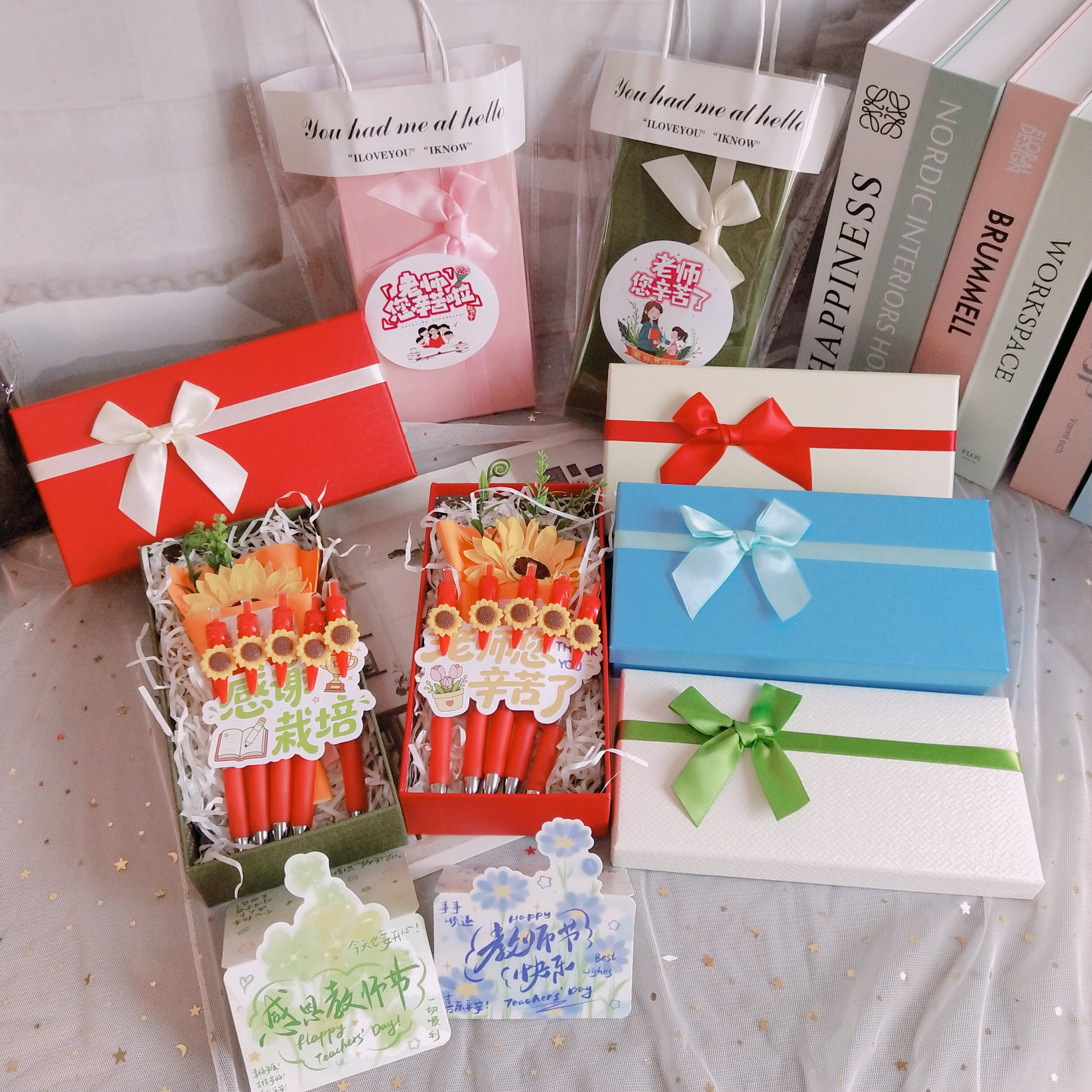 教师节精致红色送男女老师红笔礼物盒简约礼品盒向日葵礼盒包装盒
