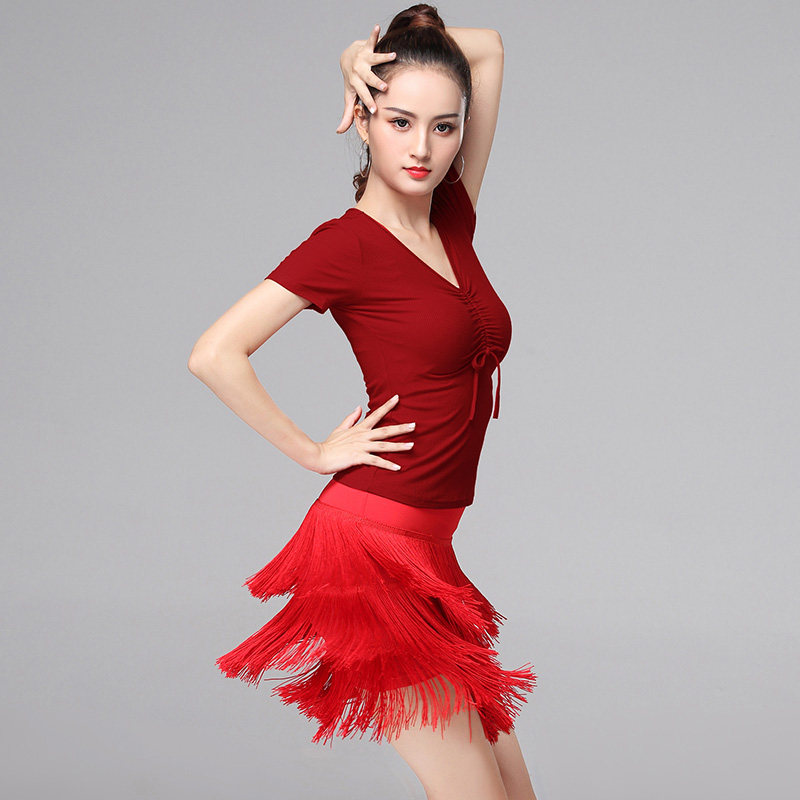拉丁舞练功女流苏短裙比赛服艺考性感短袖上衣春夏新款广场舞套装