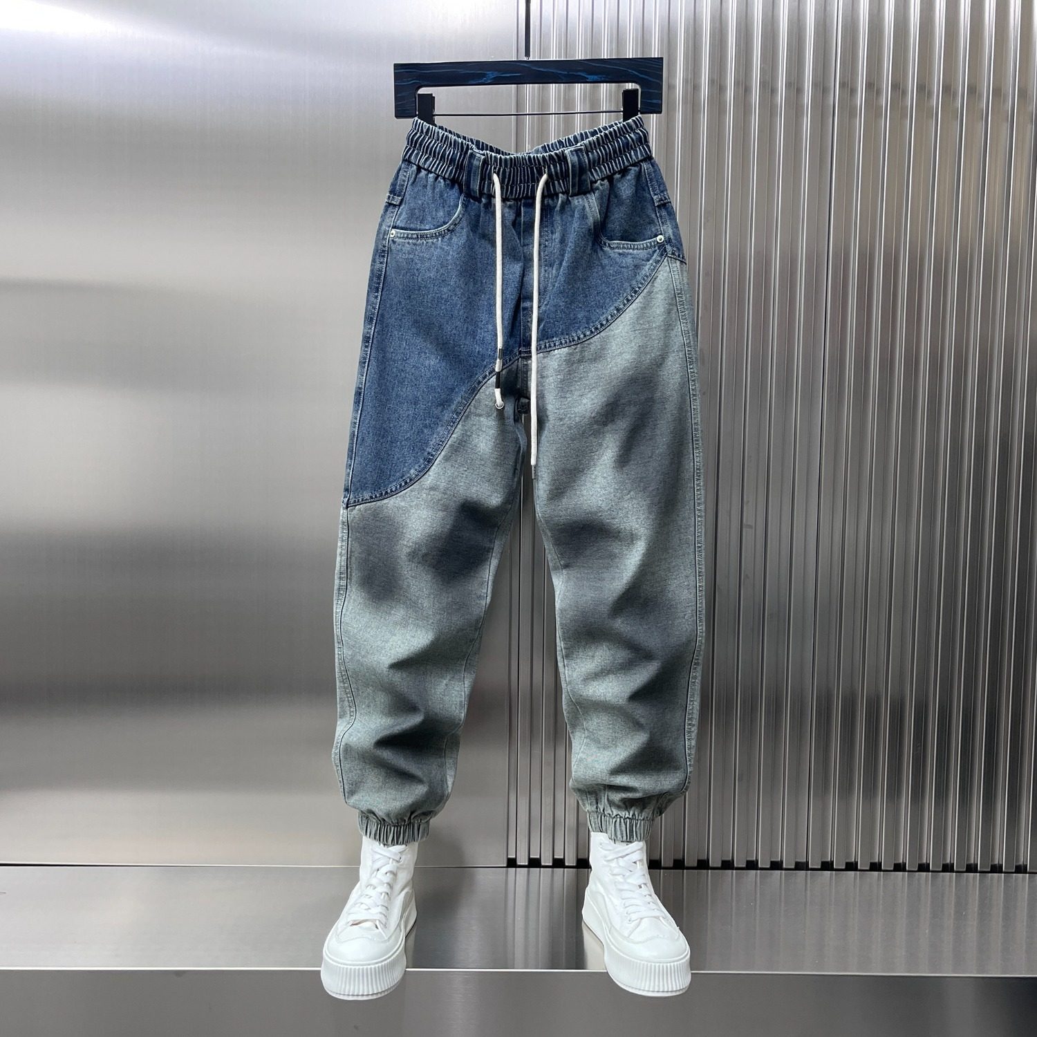 潮牌设计感拼接水洗束脚牛仔裤男2025秋季新款宽松美式痞帅哈伦裤,男装,牛仔裤,淘宝优惠券,粉丝福利购,淘宝优惠卷