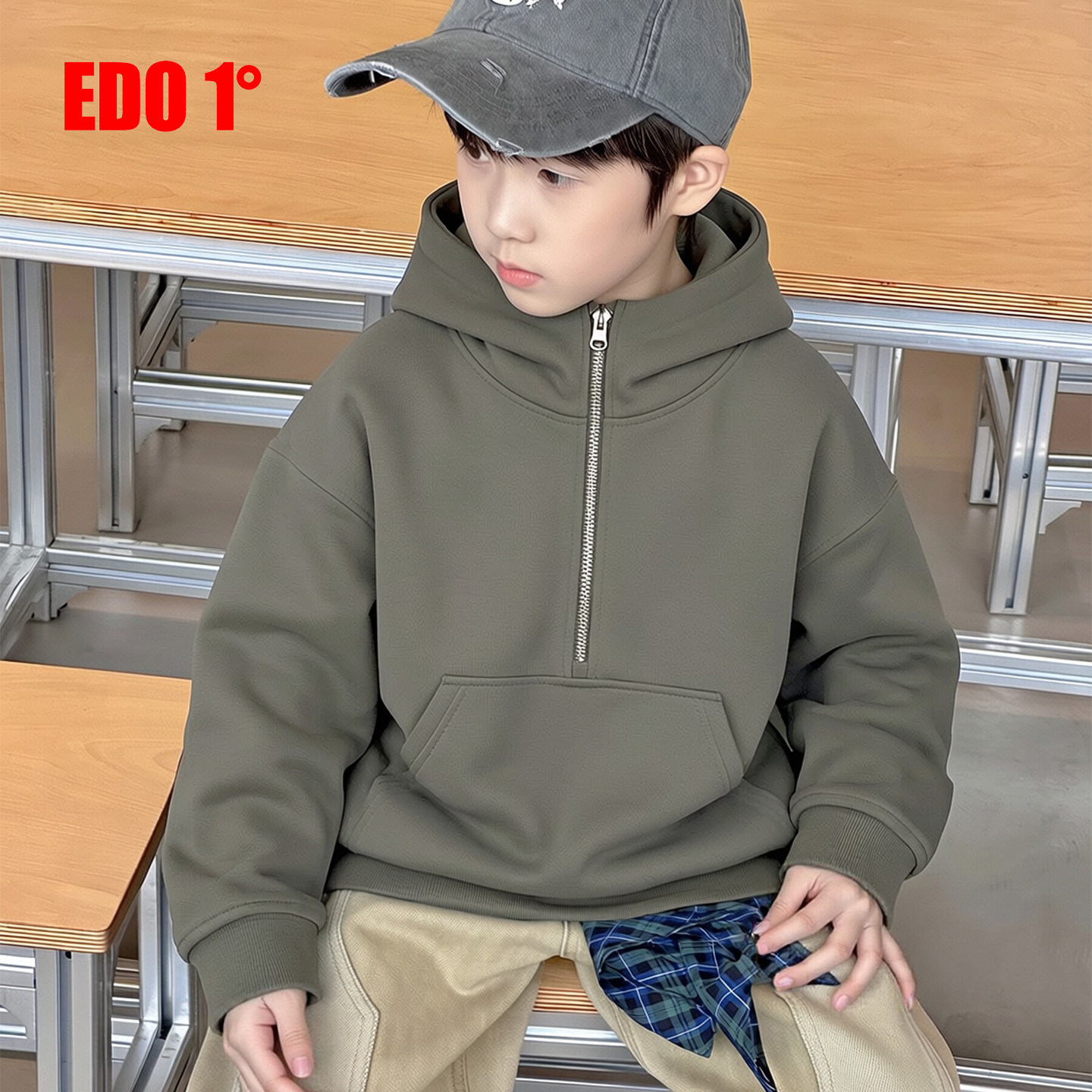 edo1一度童装26秋冬儿童品牌连帽卫衣宽松休闲百搭半拉链套头上衣