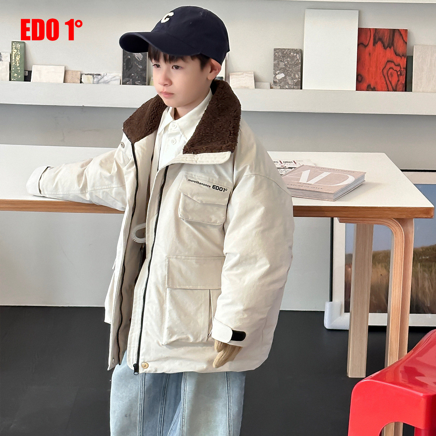 edo1一度童装25冬季新款工装风拼接毛领羽绒服中长款百搭保暖外套