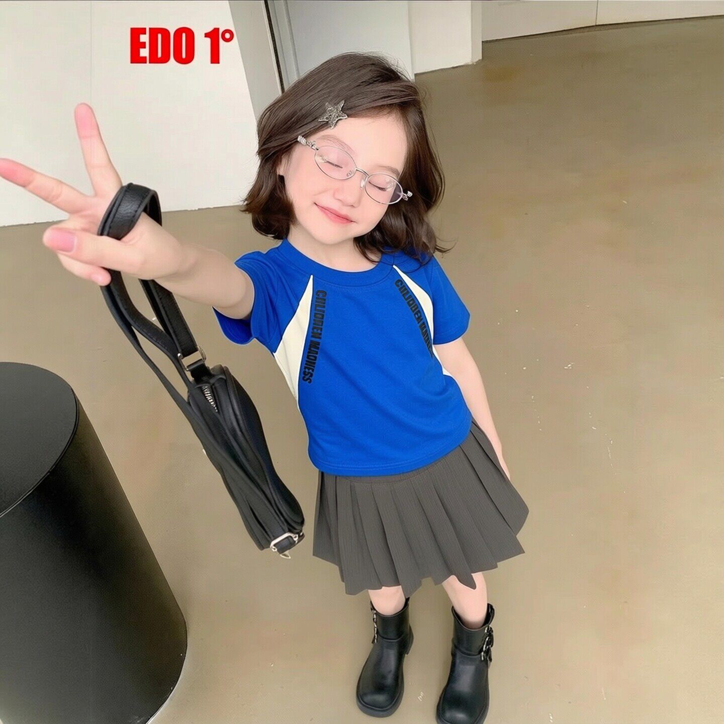 edo1一度童装25夏新款女童休闲拼色圆领T恤儿童个性运动修身短袖