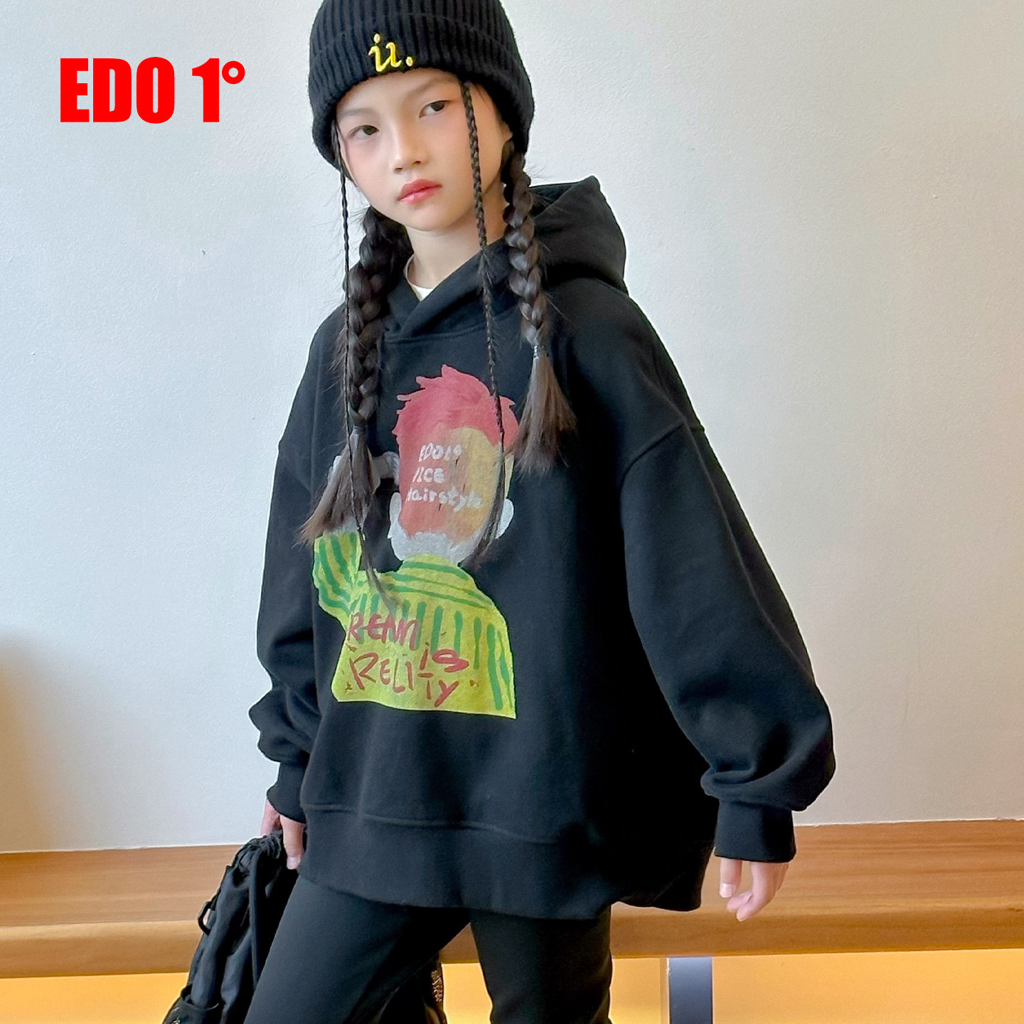 edo一度童秋冬个性印花连帽卫衣