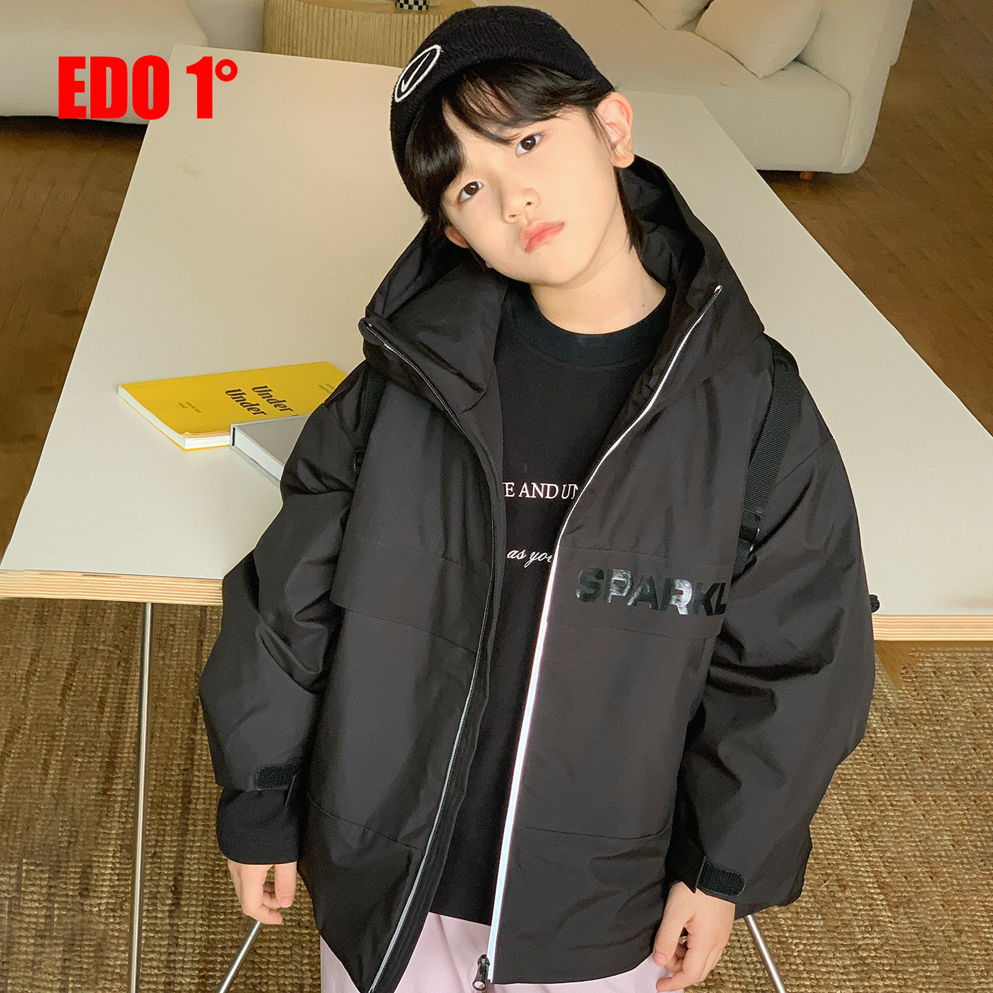 edo一度童装秋冬户外休闲连帽棉服男女童中长款宽松保暖抗寒外套