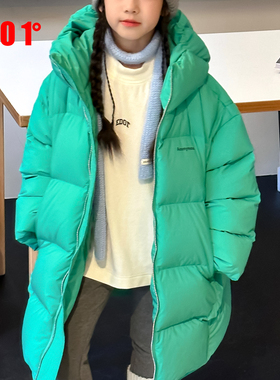 edo1一度童装冬季新款儿童长款加厚温暖风羽绒服连帽宽松保暖外套