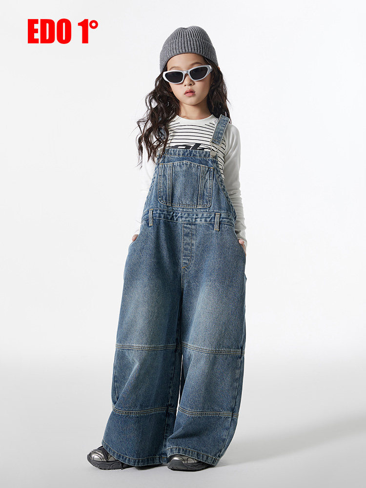 edo1一度童装25春新款男女同背带牛仔裤儿童学院风阔腿裤水洗料