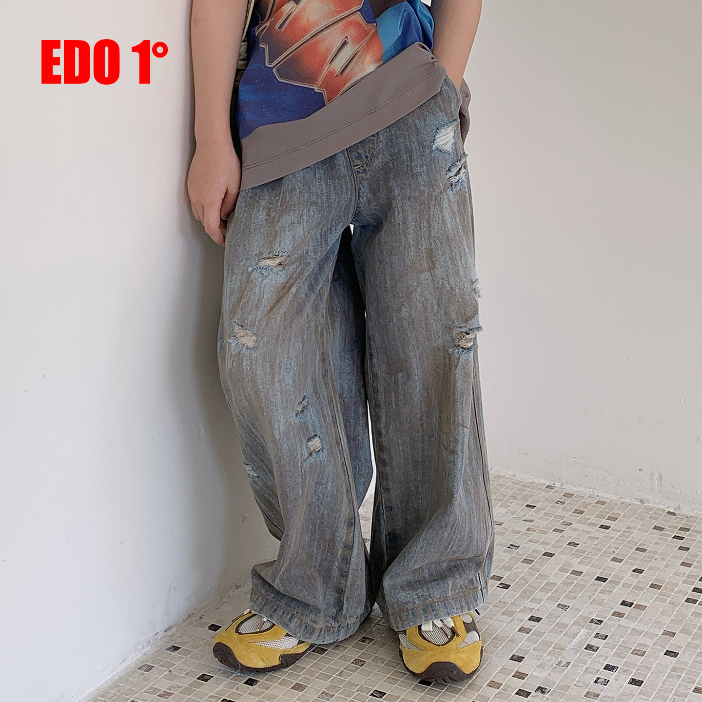 edo1一度26春夏新款美式复古风破洞水洗牛仔裤男宽松阔腿长裤做旧