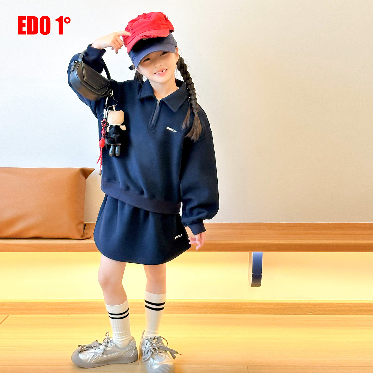 edo1一度童装25冬季女童休闲运动风半拉链翻领卫衣裙套装两件套