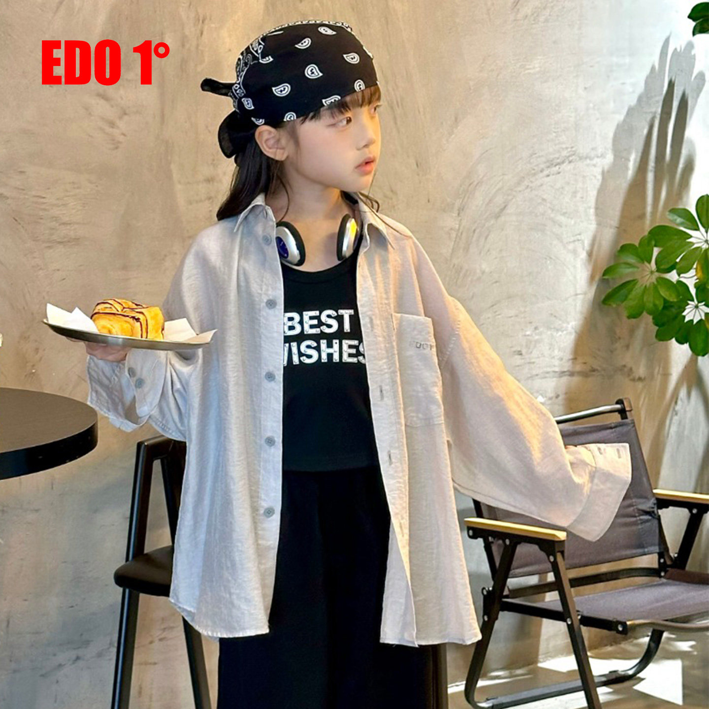 edo一度童装2025夏季新款男女童薄款长袖衬衫儿童宽松运动上衣