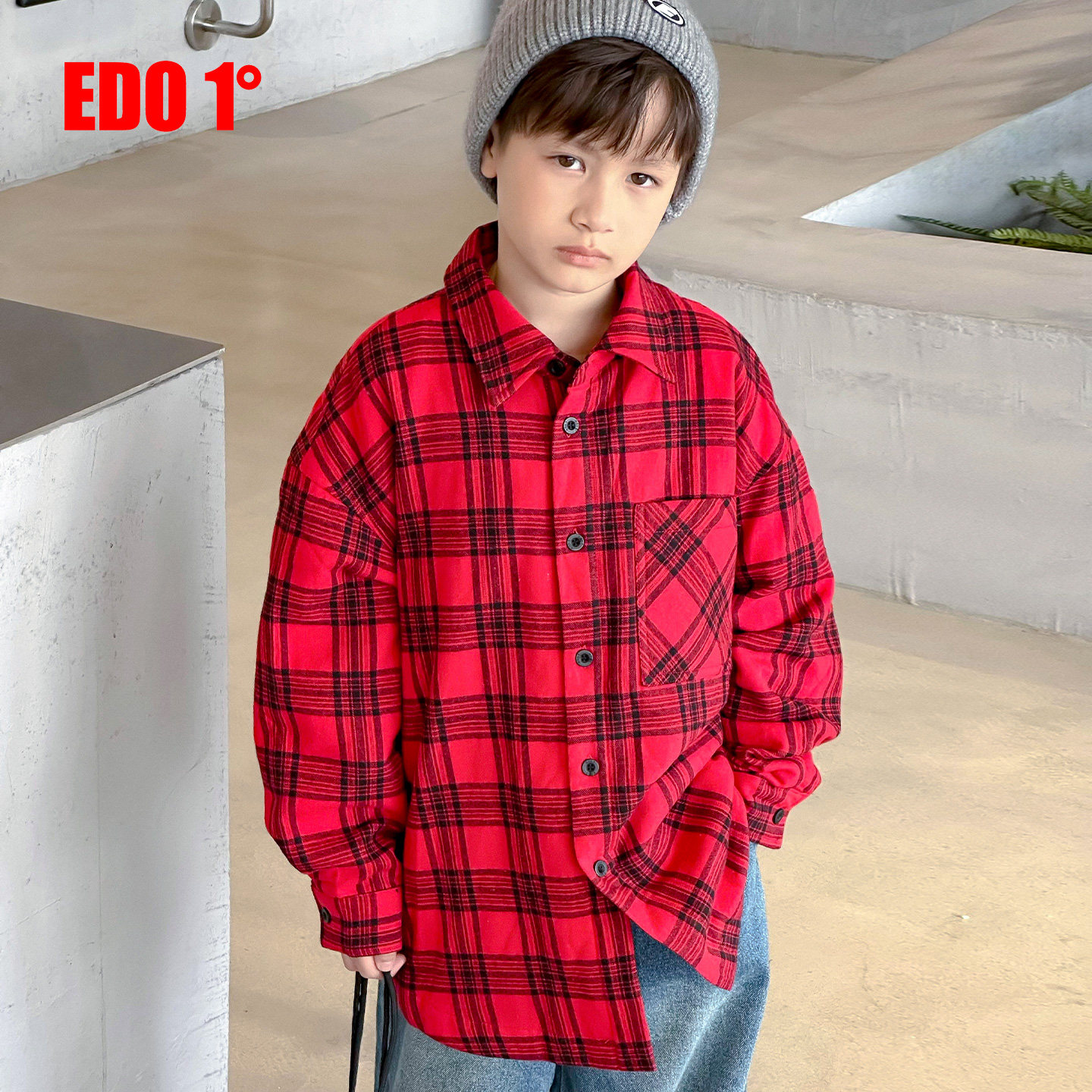 edo一度秋冬儿童棉格子衬衫