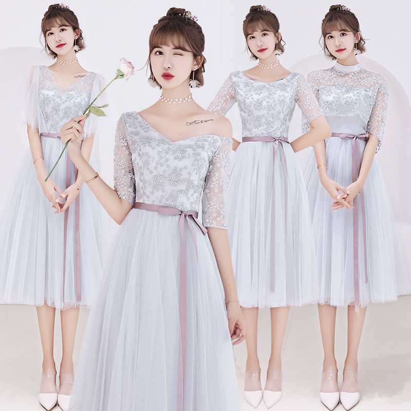 伴娘礼服女中长款灰色伴娘服2018新款夏季婚礼韩版绑带姐妹裙秋季