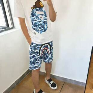 快手潮牌夏季鲨鱼套装网红男女情侣宽松迷彩休闲运动套装