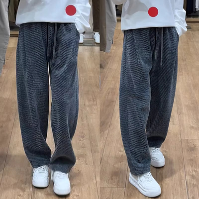 加绒斜条纹阔腿休闲裤男直筒卫裤