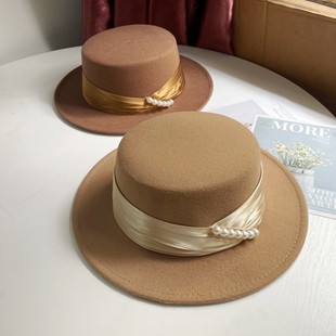 法式复古毛呢平顶礼帽秋冬毛毡珍珠绸缎英伦平檐大沿帽赫本帽子女