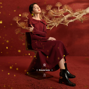 新中式 三彩 新款 2025冬季 针织连衣裙蝴蝶结长裙C 金风玉露