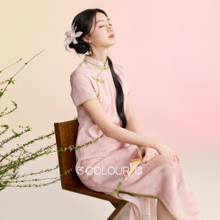 新中式 三彩 新款 2026春季 连衣裙提花开叉长裙C 柳绿桃红