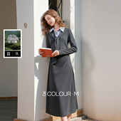 假两件翻领长袖 三彩2026春季 新款 连衣裙休闲收腰A字裙长裙M