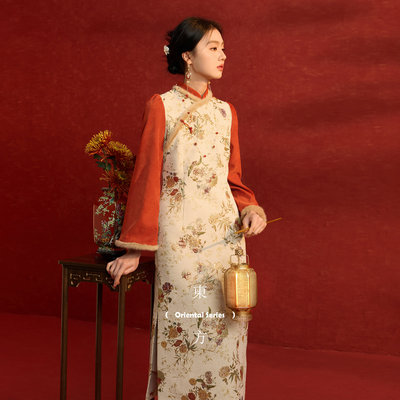 三彩【锦绣流年】2025冬季新款新中式连衣裙假两件旗袍裙长裙C