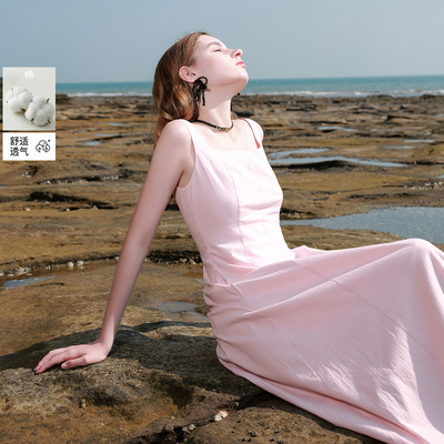 ibudu2025春季新款方领无袖A字裙收腰大摆连衣裙背心长裙女