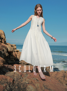三彩2025夏季新款纯棉小白裙无袖背心裙V领收腰长裙A字裙M