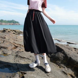 新款 2025秋季 黑色松紧高腰半身裙A字长裙胖MM 女装 三彩若潮大码